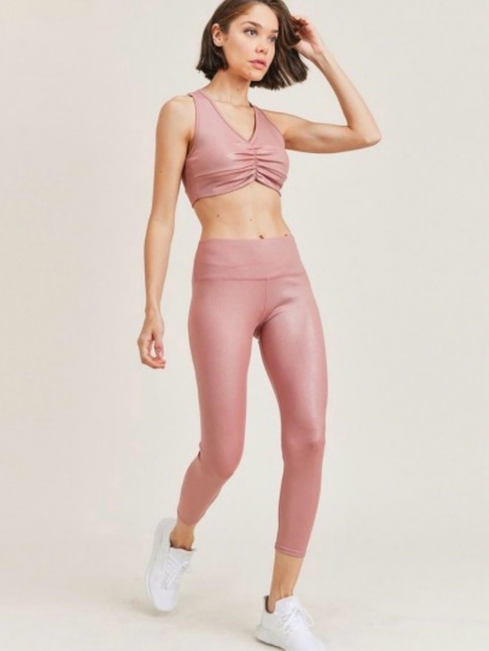 Mauve Metallic Pink Ruched Sports Bra & High-Waist Leggings Set